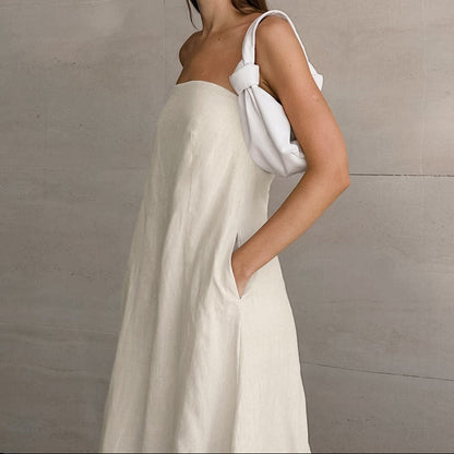 Vestido largo para mujer de lino algodón escote palabra de honor - Elodie
