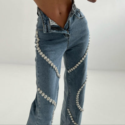 Pantalón vaquero para mujer pedrería decorativa corte recto - Eloísa