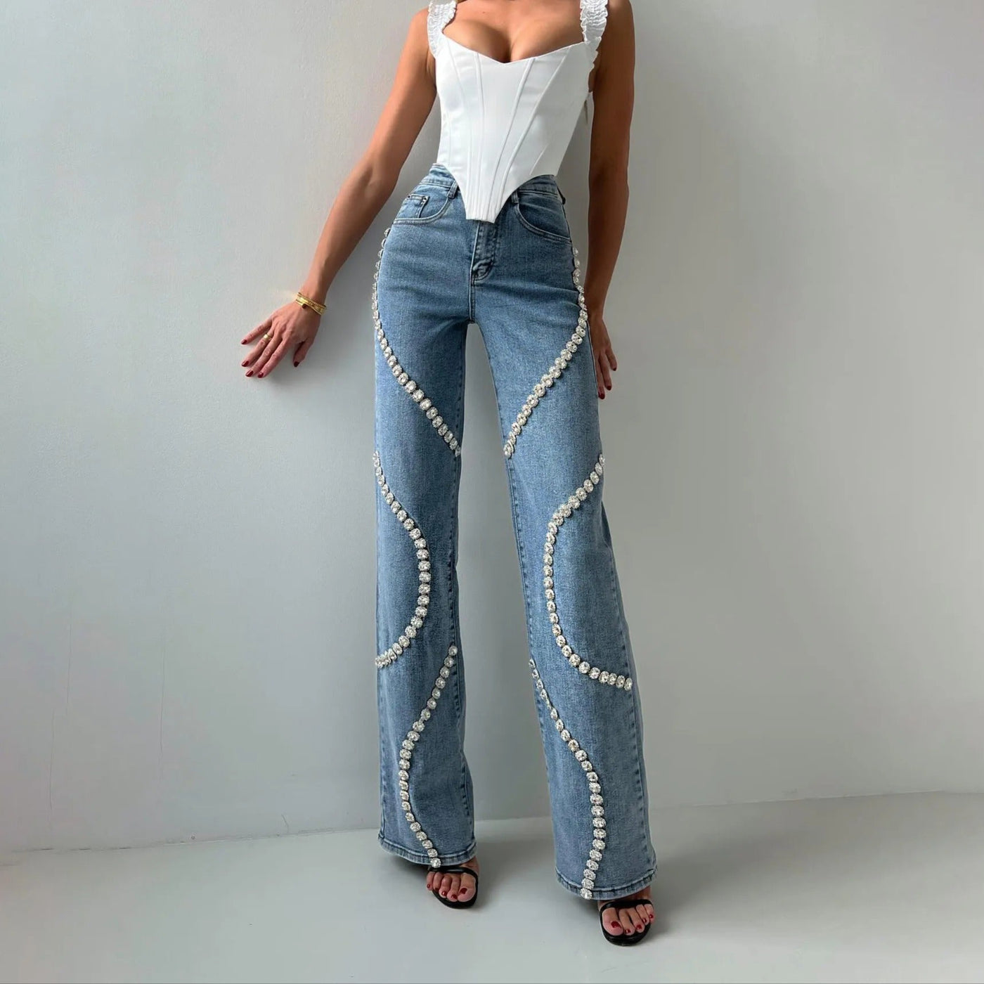 Pantalón vaquero para mujer pedrería decorativa corte recto - Eloísa