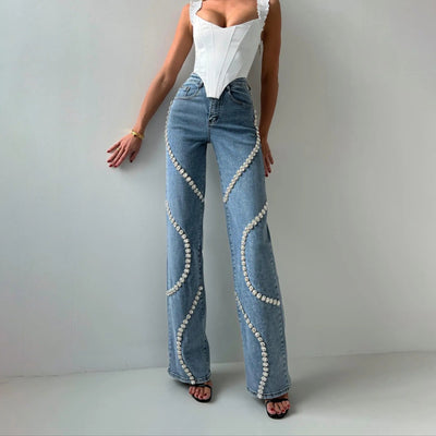 Pantalón vaquero para mujer pedrería decorativa corte recto - Eloísa