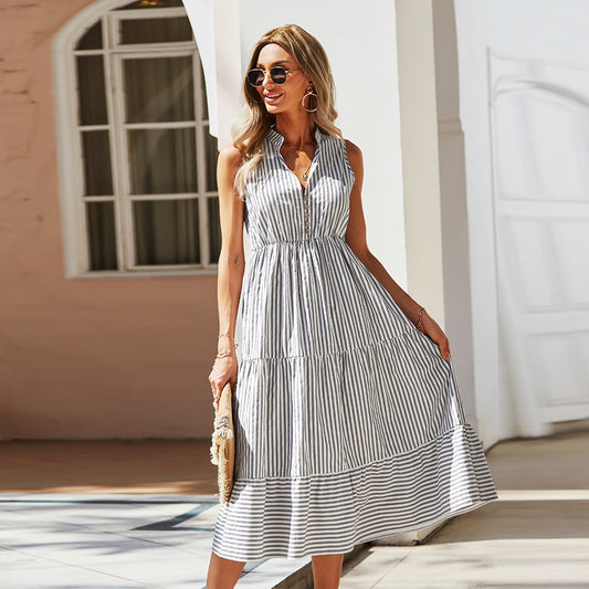 Vestido midi mujer sin mangas estilo camisero a rayas - Estela
