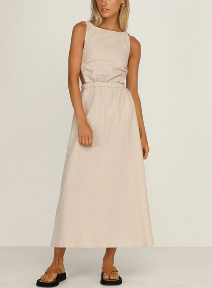 Vestido midi mujer con aberturas laterales algodón lino negro - Camila