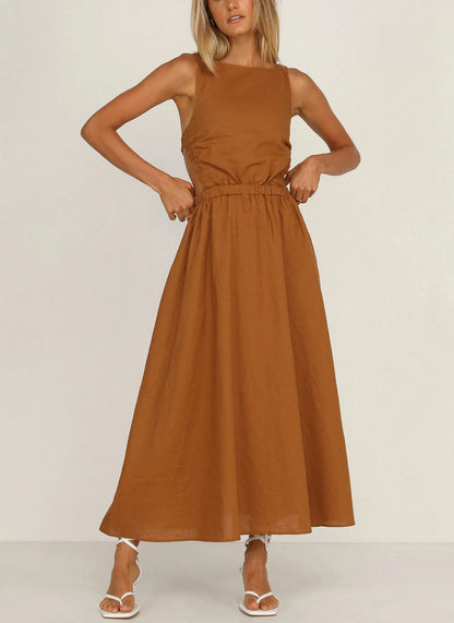 Vestido midi mujer con aberturas laterales algodón lino negro - Camila