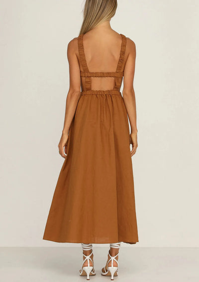 Vestido midi mujer con aberturas laterales algodón lino negro - Camila