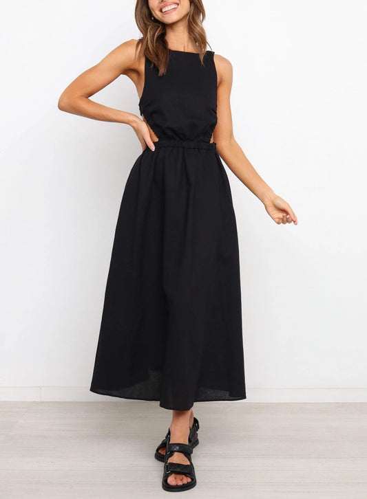 Vestido midi mujer con aberturas laterales algodón lino negro - Camila