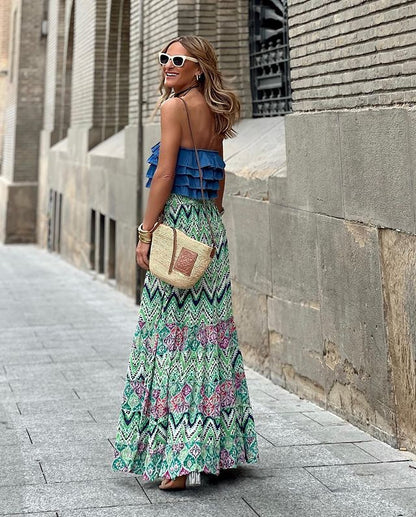 Falda larga mujer estilo bohemio floral holgada verano - Amara