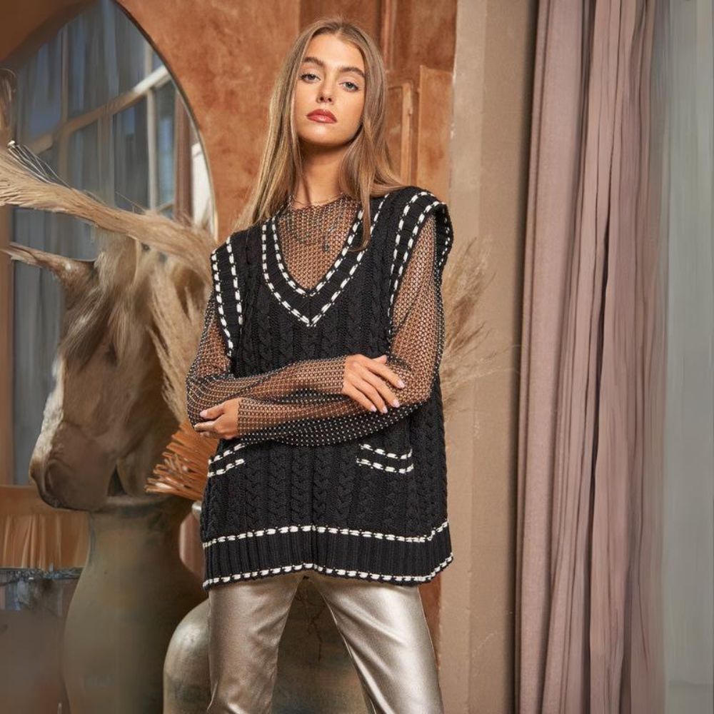 Lea - Chaleco de punto multicapa con tejido de malla y ribete en contraste