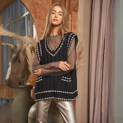 Lea - Chaleco de punto multicapa con tejido de malla y ribete en contraste