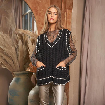 Lea - Chaleco de punto multicapa con tejido de malla y ribete en contraste