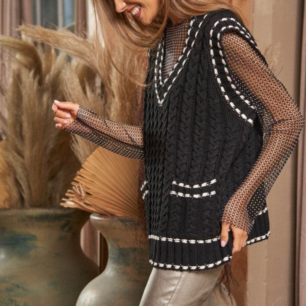 Lea - Chaleco de punto multicapa con tejido de malla y ribete en contraste