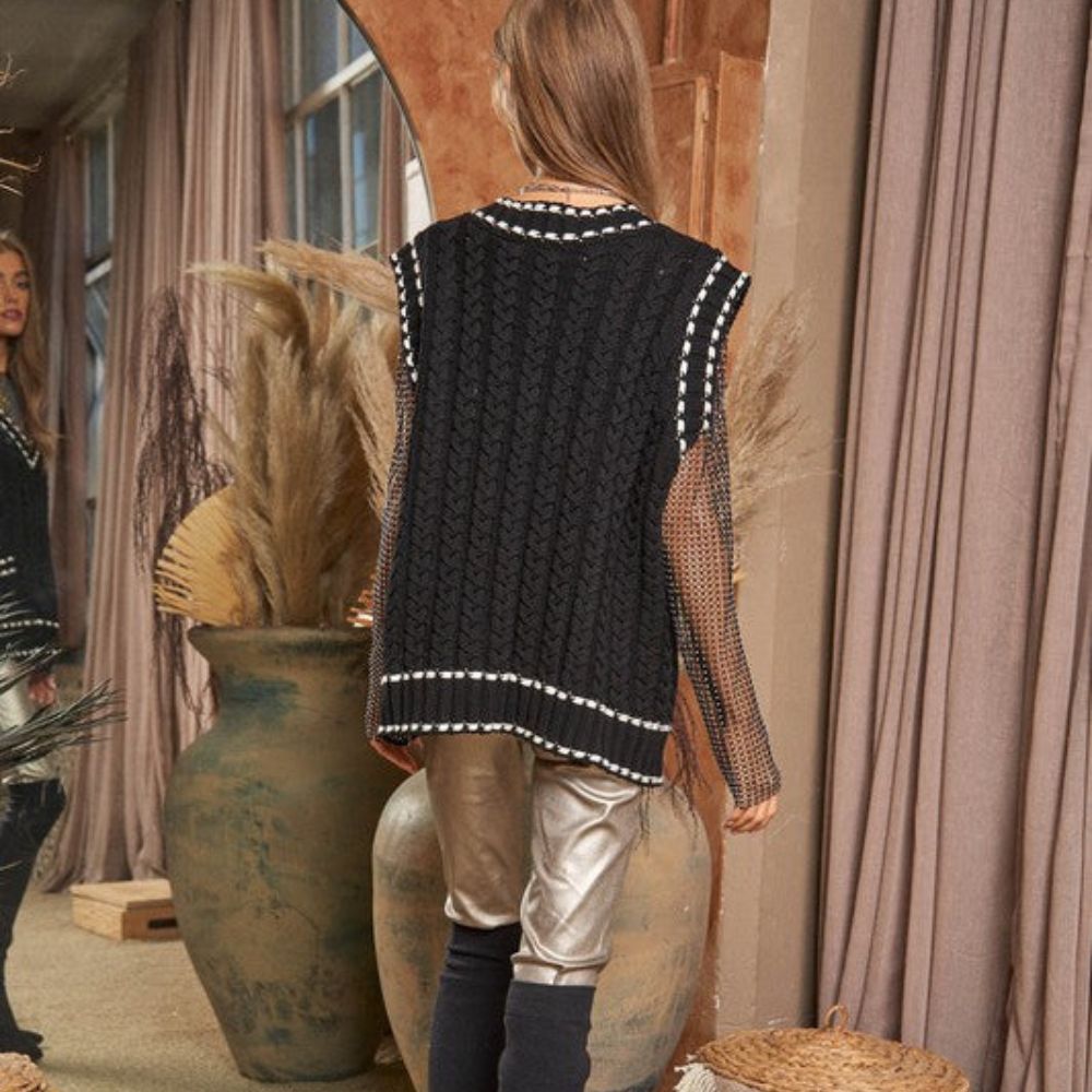 Lea - Chaleco de punto multicapa con tejido de malla y ribete en contraste