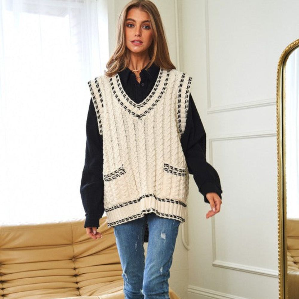 Lea - Chaleco de punto multicapa con tejido de malla y ribete en contraste