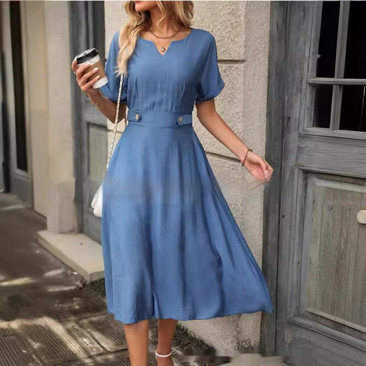 Vestido midi para mujer con cintura ajustada estilo elegante fluido - Renata