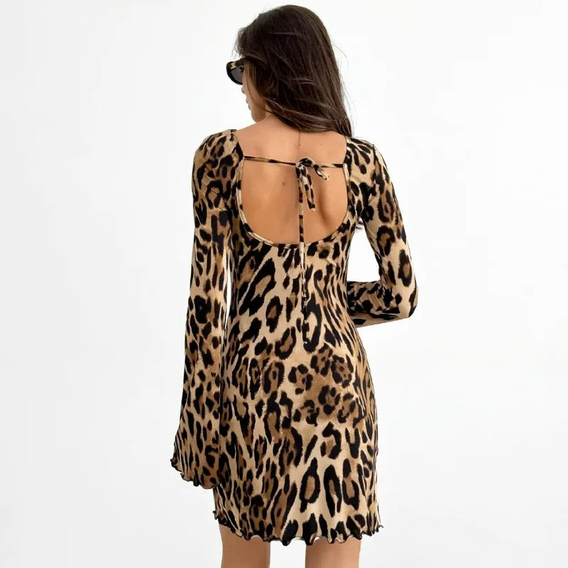 Anita - Vestido de manga larga y cuello redondo con estampado de leopardo