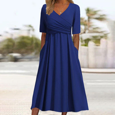 Elfina - Vestido midi liso azul con escote en pico
