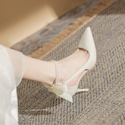 Zapatos de tacón para mujer lazo satinado con pulsera perla - Celeste