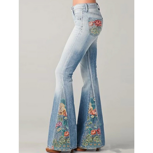 Vaqueros vintage de mujer - Bordado floral - Acampanados