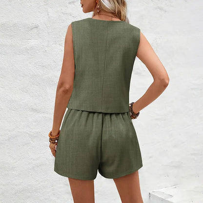 Conjunto mujer chaleco elegante y shorts de cintura alta color liso - Camila