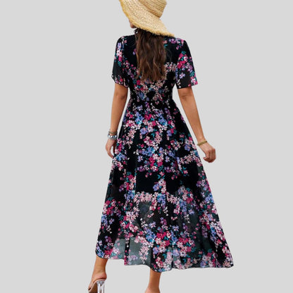 Mareina - Vestido midi floral con escote en V y manga corta