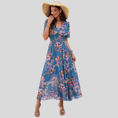 Mareina - Vestido midi floral con escote en V y manga corta