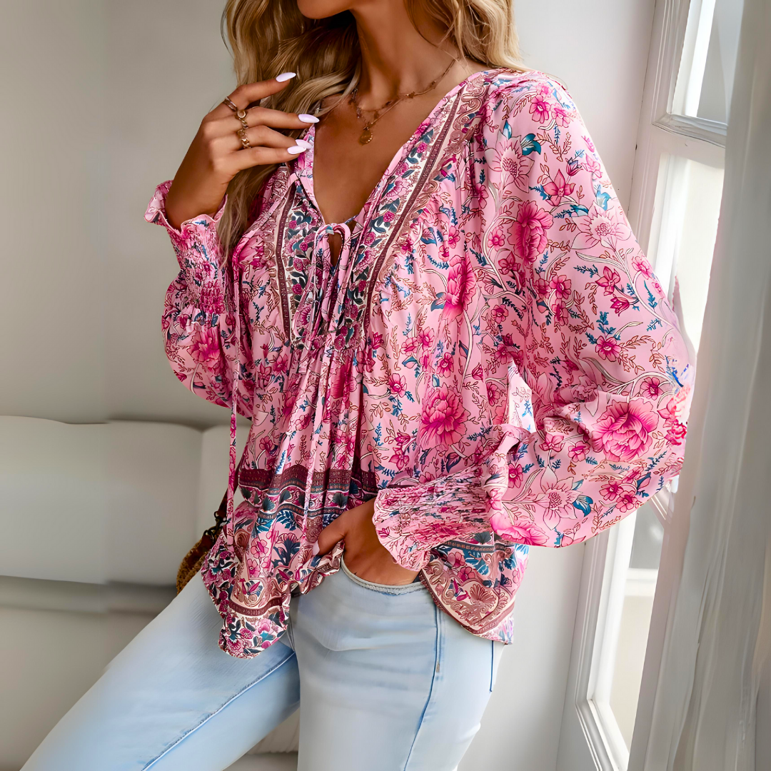 Celeste - Elegante blusa de mujer con estampado floral