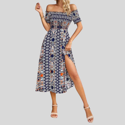 Aurora - Maxivestido boho con hombros al descubierto y volantes