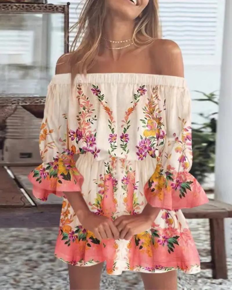 Kathleen - Vestido de hombros descubiertos con estampado bohemio de hojas