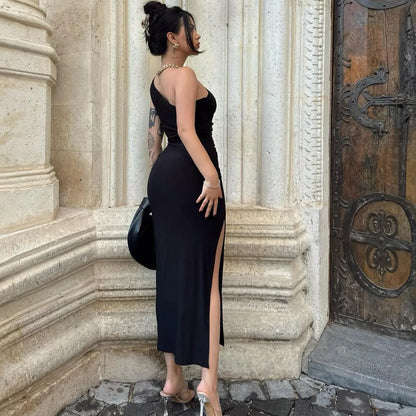 Vestido mujer elegante sin mangas abertura lateral negro - Alessia