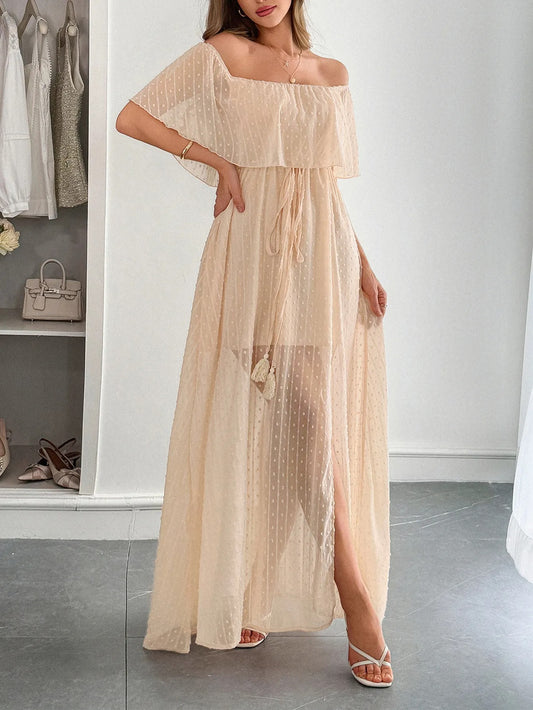 Vestido largo mujer gasa plumeti escote bardot - Julieta
