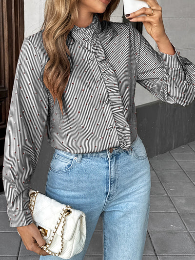 Blusa mujer manga larga con volantes y cuello alto - Lorena