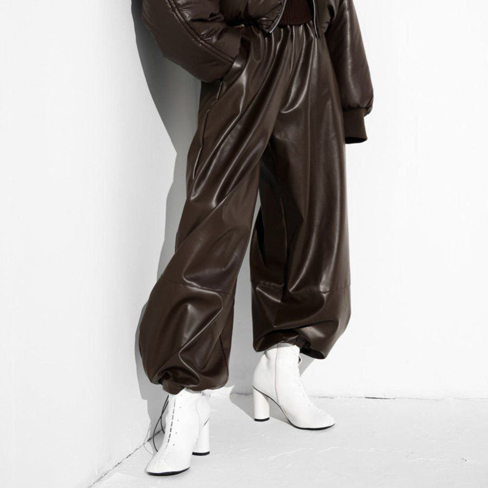 Pantalones para mujer de efecto piel con cordones en el bajo - Eirenne