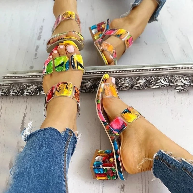 Sandalias de tacón grueso mujer diseño multicolor artístico - Camila