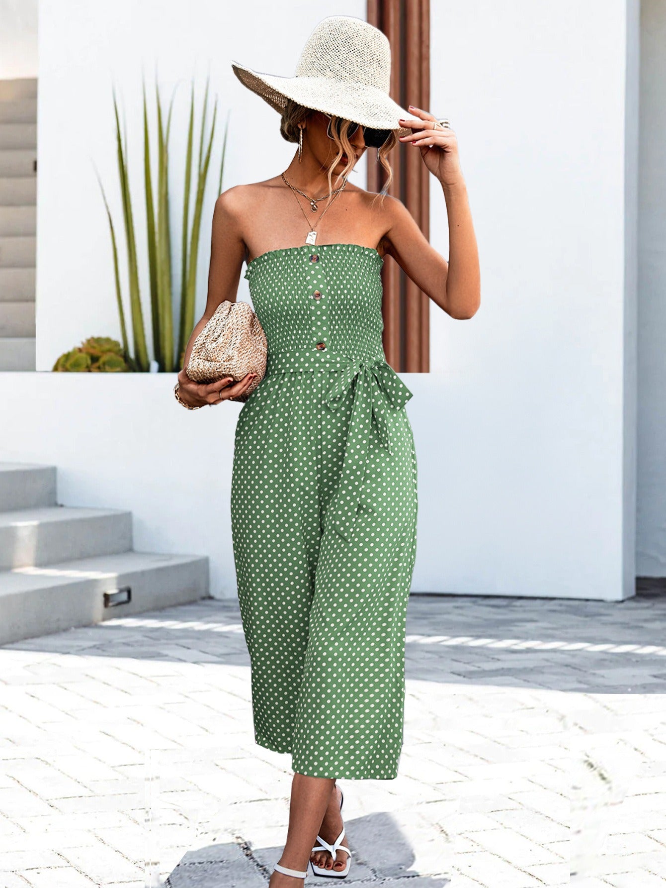 Mono largo para mujer con estampado de lunares sin tirantes estilo veraniego - Natalia