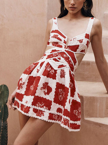 Gilma - Minivestido de línea A con escote en V y exclusivo estampado floral decorativo