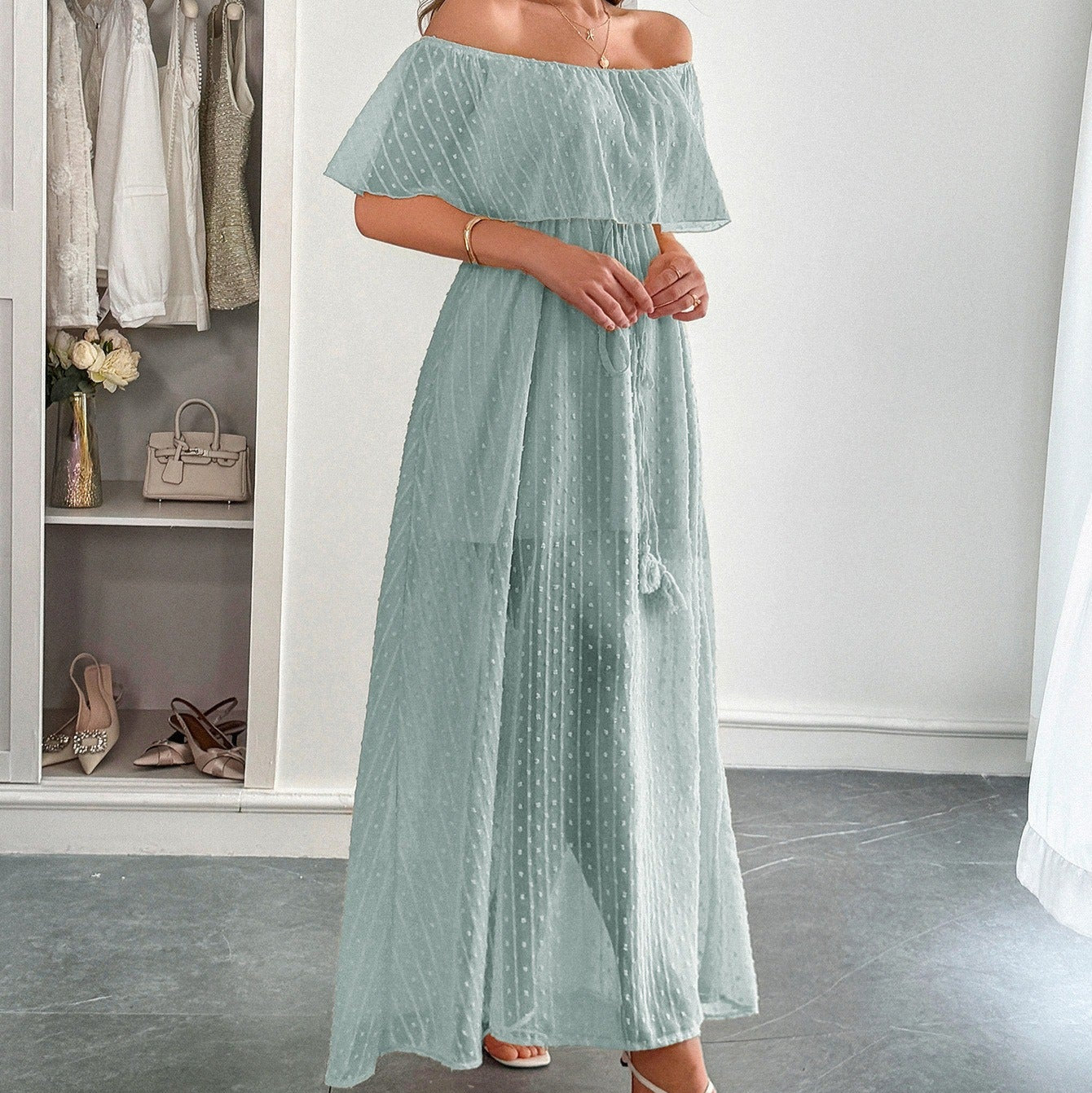 Vestido largo para mujer de gasa plumeti con escote barco estilo fluido - Noelia