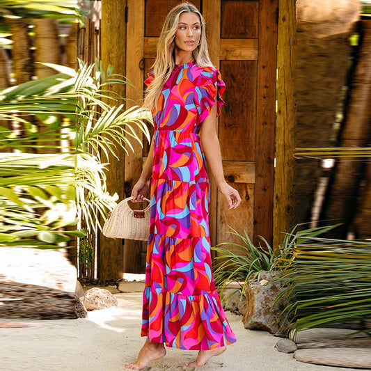 Vestido largo para mujer de estampado fluido con volantes - Adriana