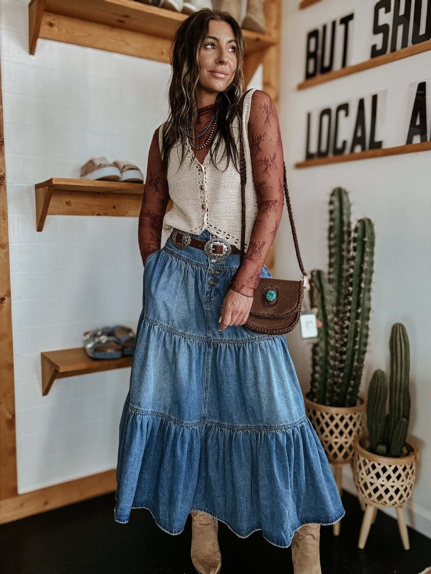 Falda larga mujer denim con volantes estilo bohemio - Alaya
