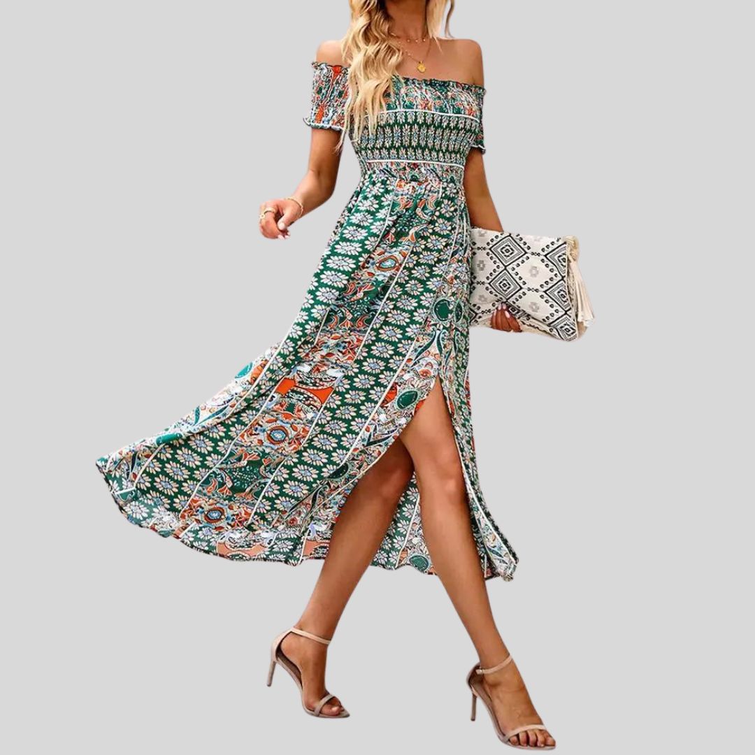 Aurora - Maxivestido boho con hombros al descubierto y volantes
