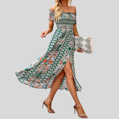 Aurora - Maxivestido boho con hombros al descubierto y volantes