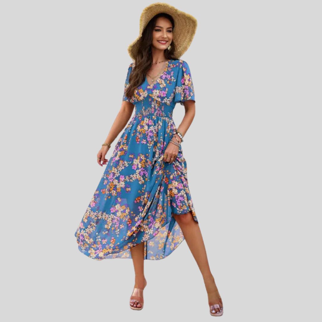 Mareina - Vestido midi floral con escote en V y manga corta