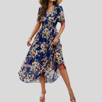 Mareina - Vestido midi floral con escote en V y manga corta