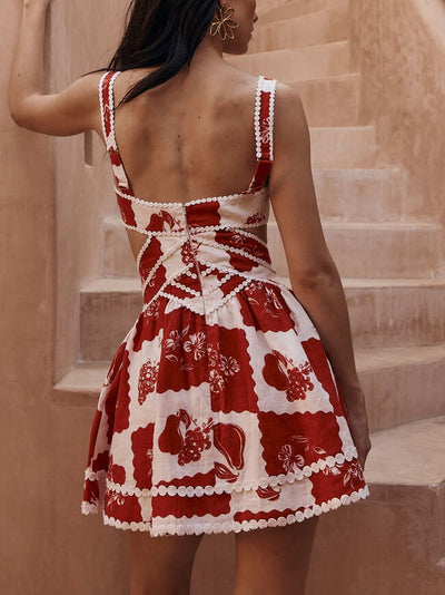 Gilma - Minivestido de línea A con escote en V y exclusivo estampado floral decorativo