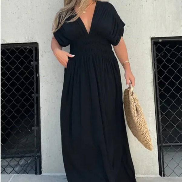 Vestido largo para mujer de escote en V con cintura fruncida - Renata