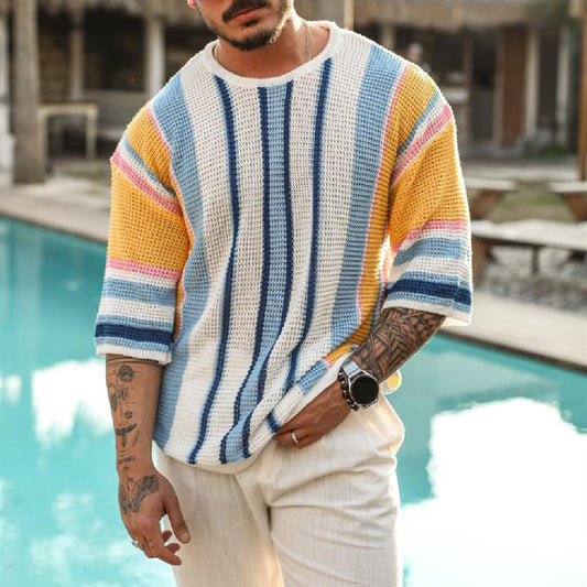 Camiseta hombre crochet calado rayas multicolor estilo veraniego - Dorian
