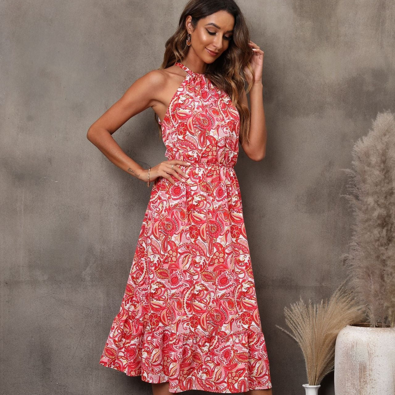 Vestido midi para mujer de estampado floral estilo halter sin mangas - Mariela