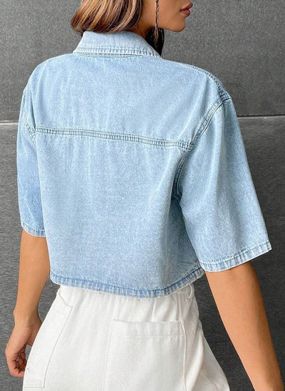 Camisa corta mujer denim con bolsillo frontal estilo casual - Emilia