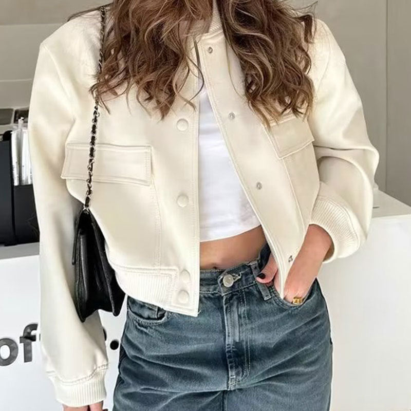 Tara - Chaqueta corta de mujer con cuello alto y grandes bolsillos - Corte amplio y casual