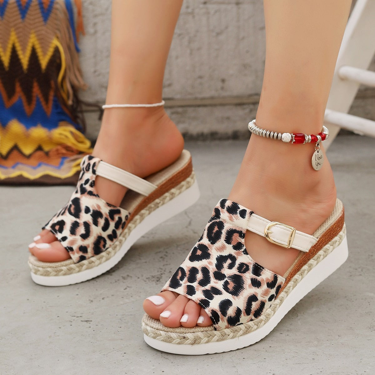 Sandalias cuña mujer estampado leopardo con hebilla - Selene