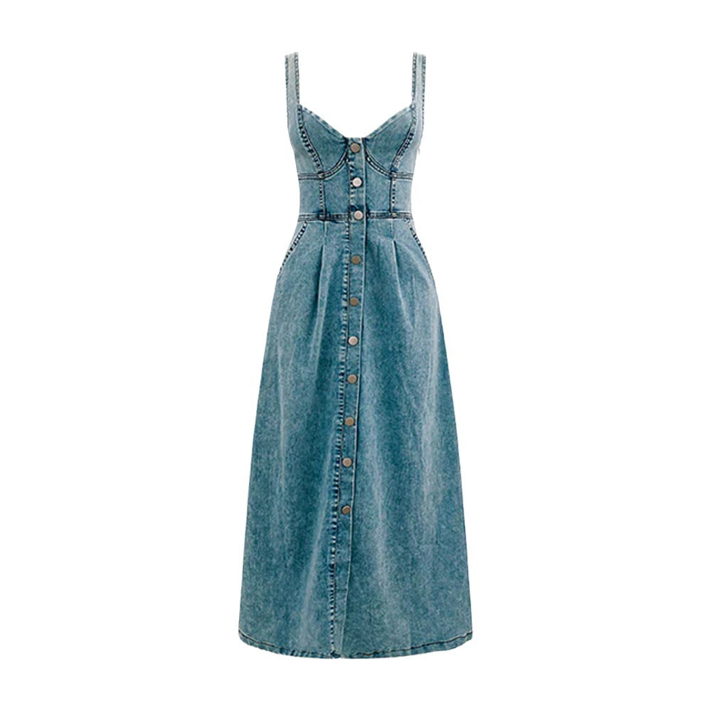 Vestido largo mujer tirantes denim azul claro con botones - Juliette
