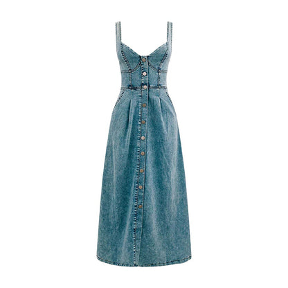 Vestido largo mujer tirantes denim azul claro con botones - Juliette